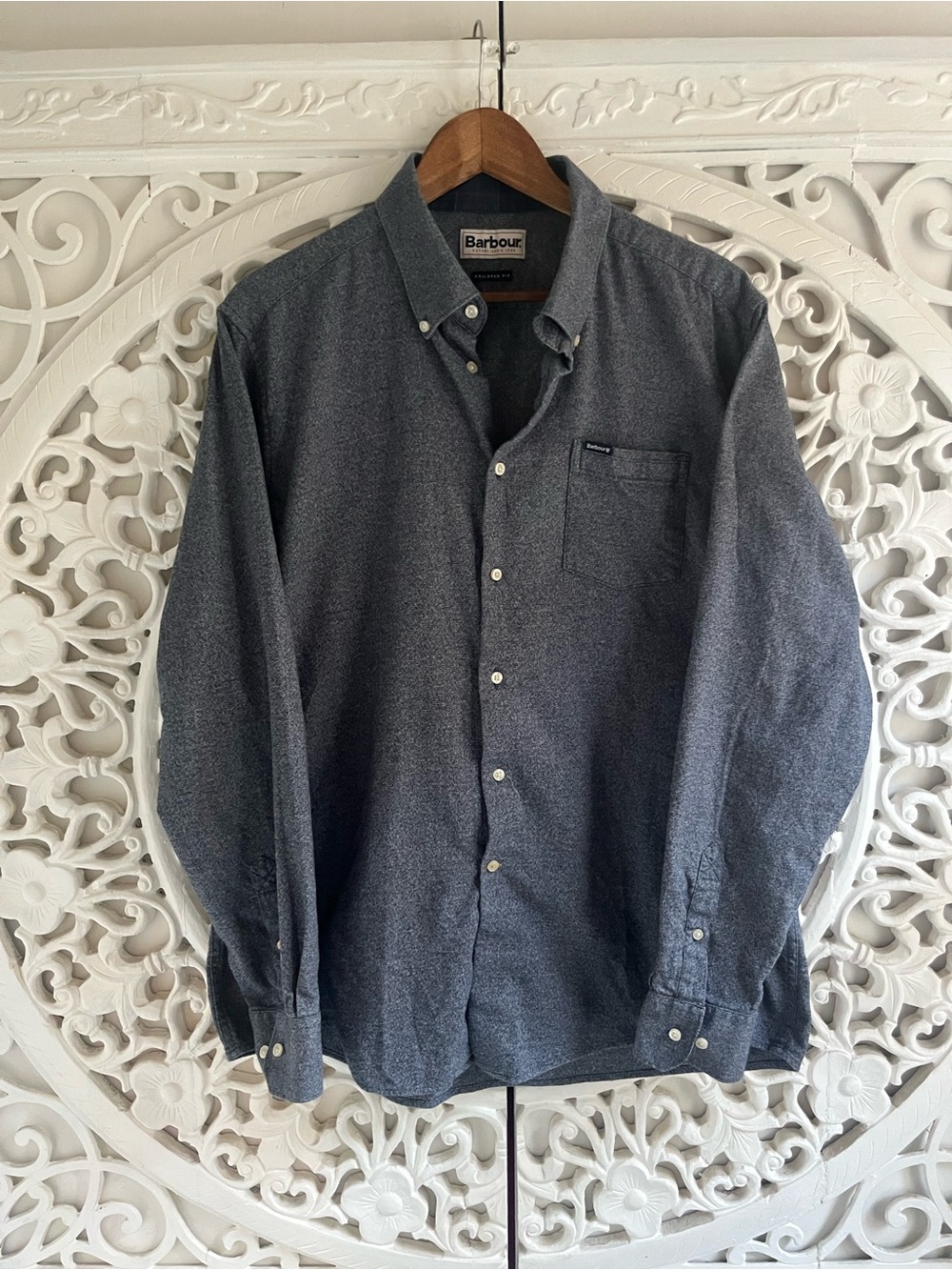 Barbour Men’s Tailored Fit Button Down Shirt Grey Plaid Trim Size L